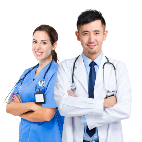 nurse in blue scrubs with doctor in white lab coat posing and smiling with crossed arms